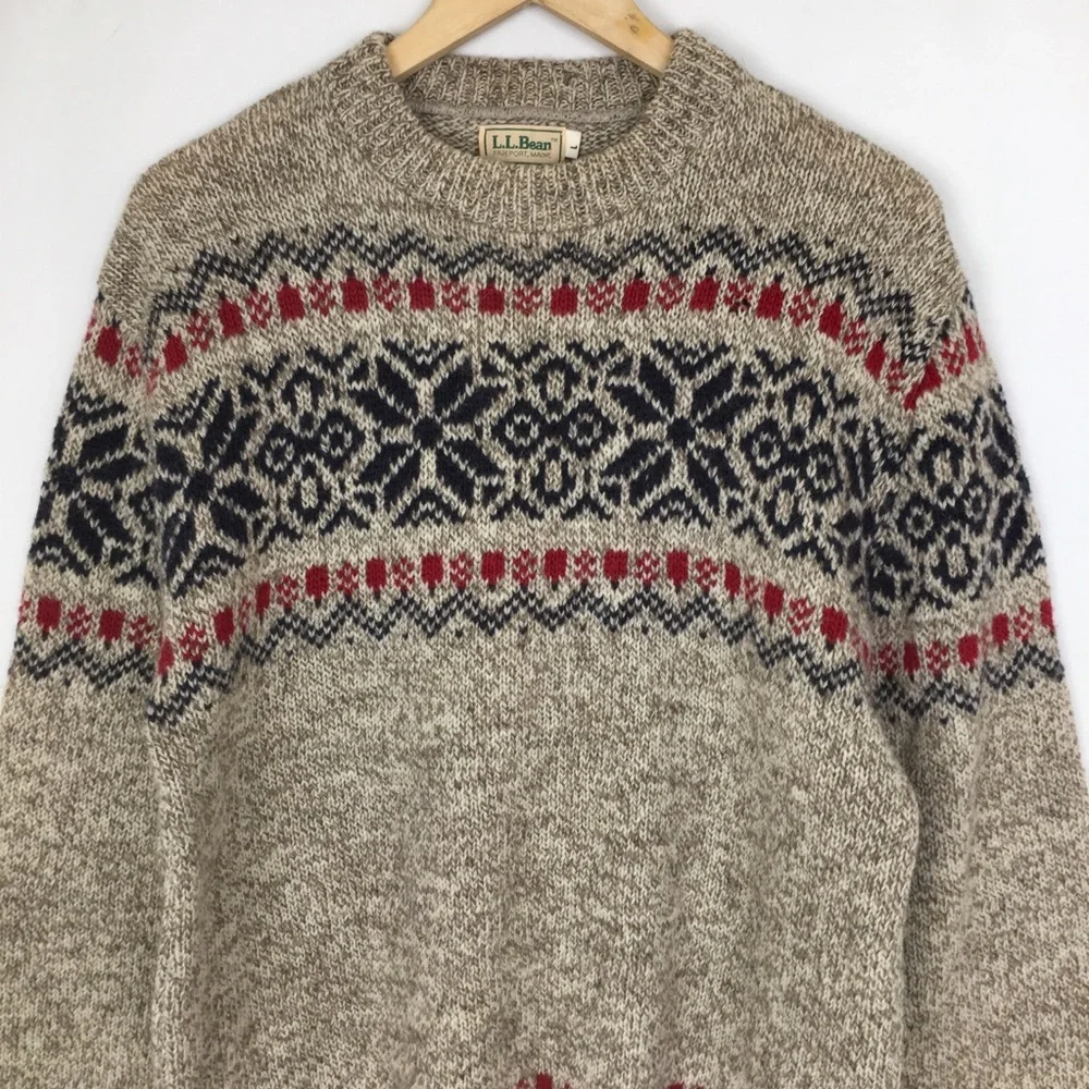 Vintage L.L. Bean Fair Isle Wool Sweater Size L Nordic Snowflake Crewneck USA